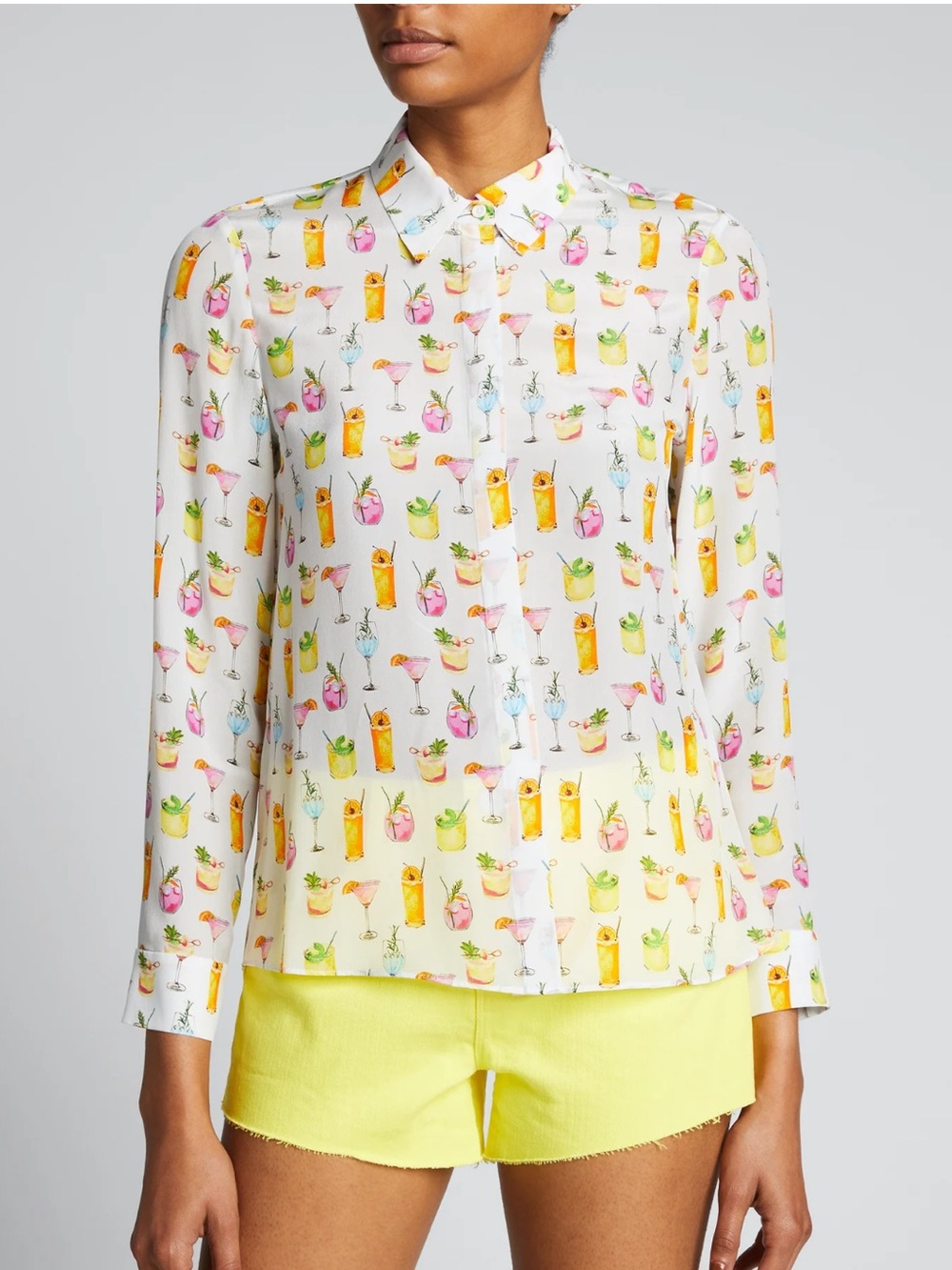 Alice + Olivia Women's Willa Cocktail-Print Top 100% Silk Hidden Button Whimsy